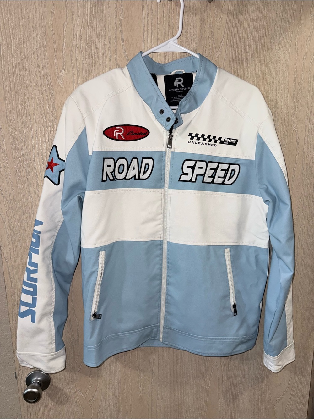 Men's Two-Tone Light Blue & White Racing Jacket - Picture 2 of 4